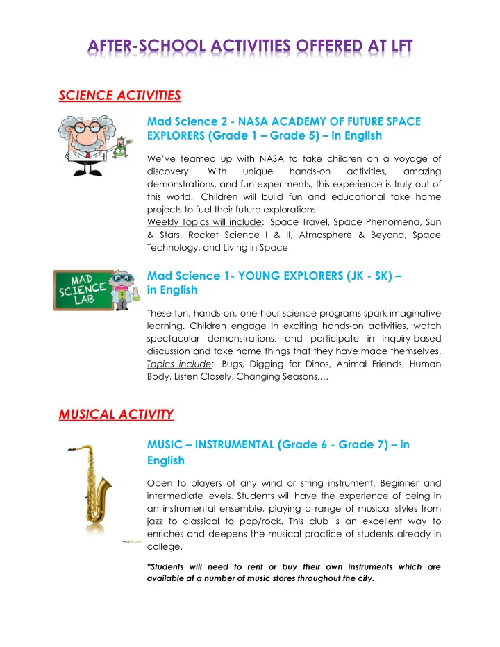 after school activities offered at lft