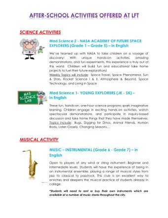 AFTER-SCHOOL ACTIVITIES OFFERED AT LFT  SCIENCE ACTIVITIES  Mad Science 2 - NASA ACADEMY OF FUTURE