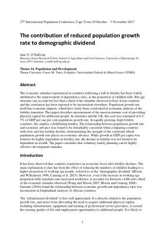 The contribution of reduced population growth  rate to demographic dividend Jane N. OSullivan