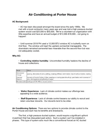Air Conditioning at Porter House  AC Background:  AC has been discussed amongst the board since