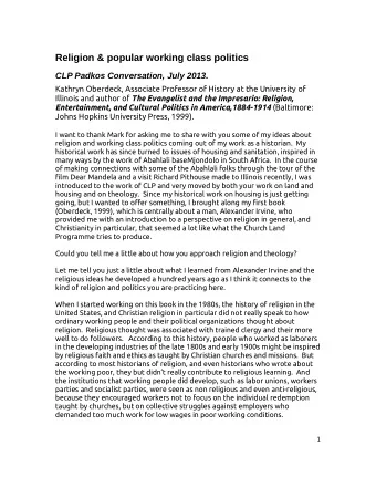Religion &amp; popular working class politics  CLP Padkos Conversation, July 2013.  Kathryn