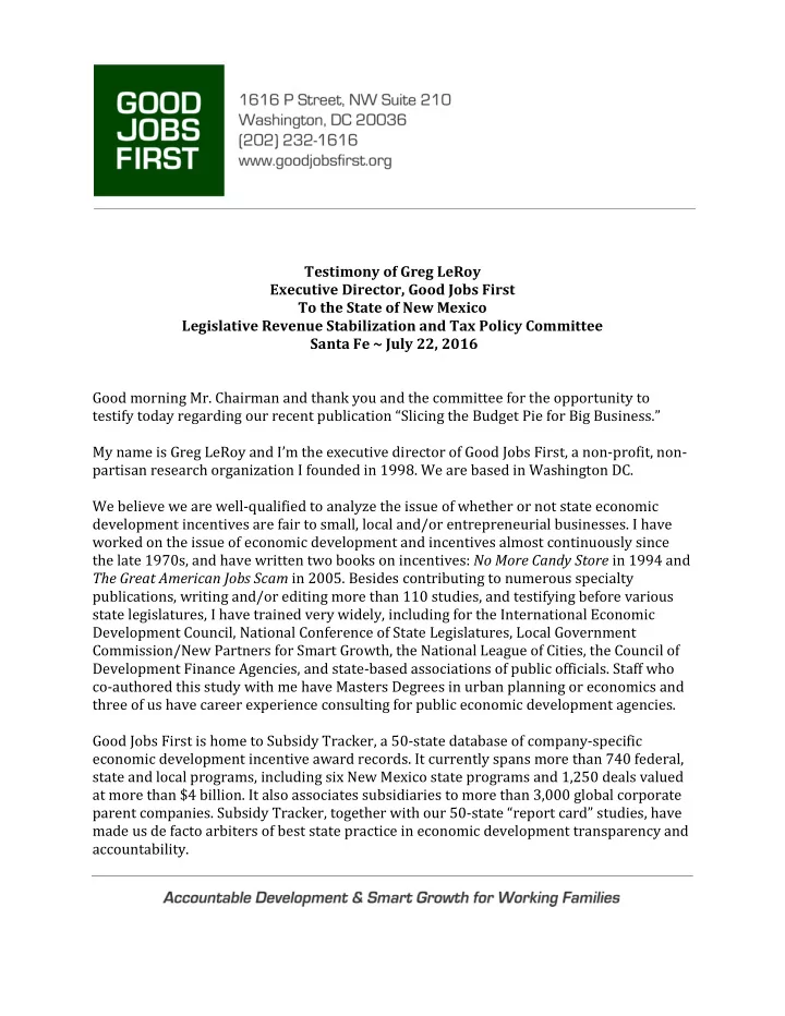 testimony of greg leroy executive director good jobs