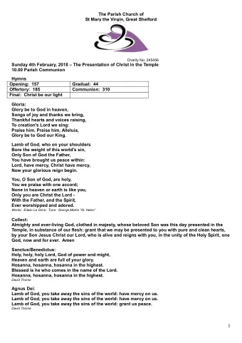 Charity No: 245456  Sunday 4th February, 2018  The Presentation of Christ in the Temple  10.00