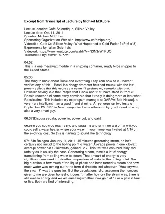 Excerpt from Transcript of Lecture by Michael McKubre  Lecture location: Caf Scientifique,