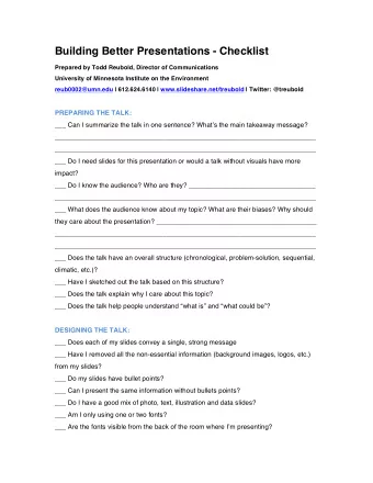 Building Better Presentations - Checklist  Prepared by Todd Reubold, Director of Communications