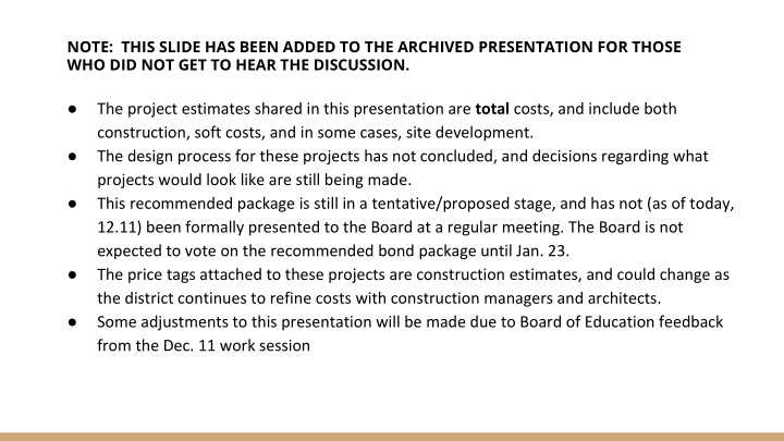 the project estimates shared in this presentation are