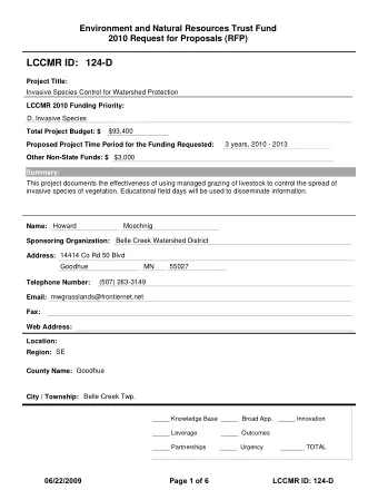 LCCMR ID: 124-D  Project Title:  Invasive Species Control for Watershed Protection  LCCMR 2010