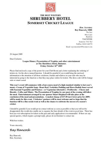 SHRUBBERY HOTEL S OMERSET C RICKET L EAGUE  Hon. Secretary  Ray Hancock, MBE  The Jays  Moss Lane
