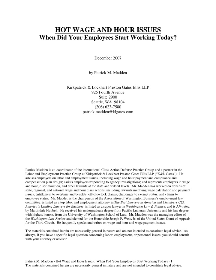 hot wage and hour issues