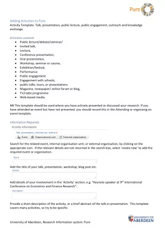 Adding Activities to Pure  Activity Template: Talk, presentation, public lecture, public