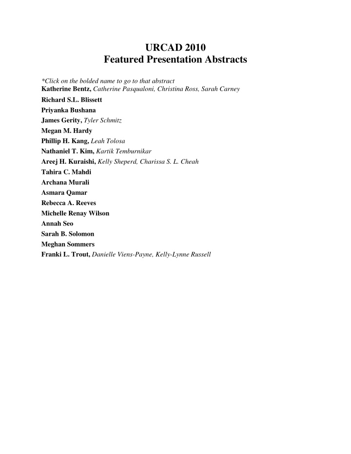 urcad 2010 featured presentation abstracts