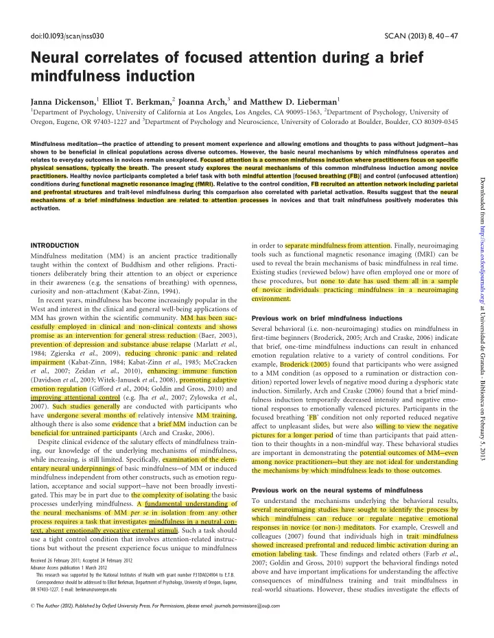 neural correlates of focused attention during a brief