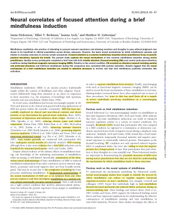 Neural correlates of focused attention during a brief  mindfulness induction Janna Dickenson, 1