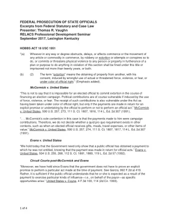FEDERAL PROSECUTION OF STATE OFFICIALS  Excerpts from Federal Statutory and Case Law  Presenter: