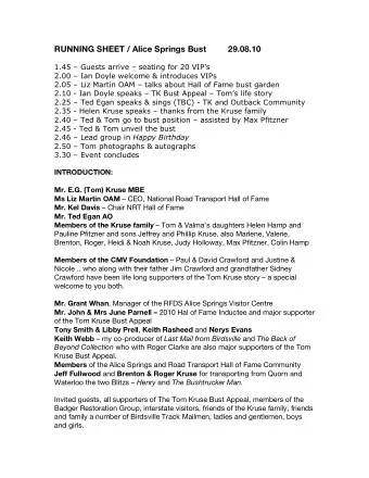 RUNNING SHEET / Alice Springs Bust  29.08.10  1.45  Guests arrive  seating for 20 VIPs