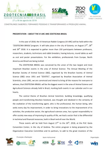 6th AMERICAN  RABBIT CONGRESS  PRESENTATION  ABOUT THE VI ARC AND ZOOTECNIA BRASIL  In the year