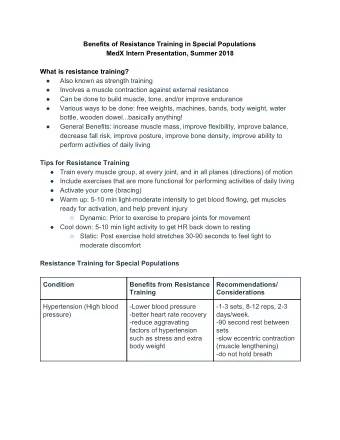 Benefits of Resistance Training in Special Populations  MedX Intern Presentation, Summer 2018  What