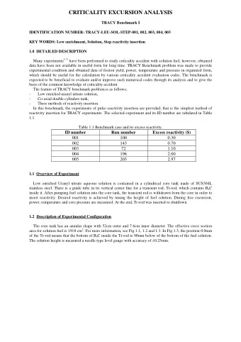 CRITICALITY EXCURSION ANALYSIS  TRACY Benchmark I IDENTIFICATION NUMBER: TRACY-LEU-SOL-STEP-001,
