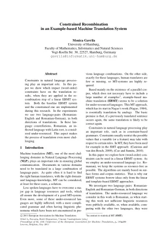 Constrained Recombination  in an Example-based Machine Translation System  Monica Gavrila