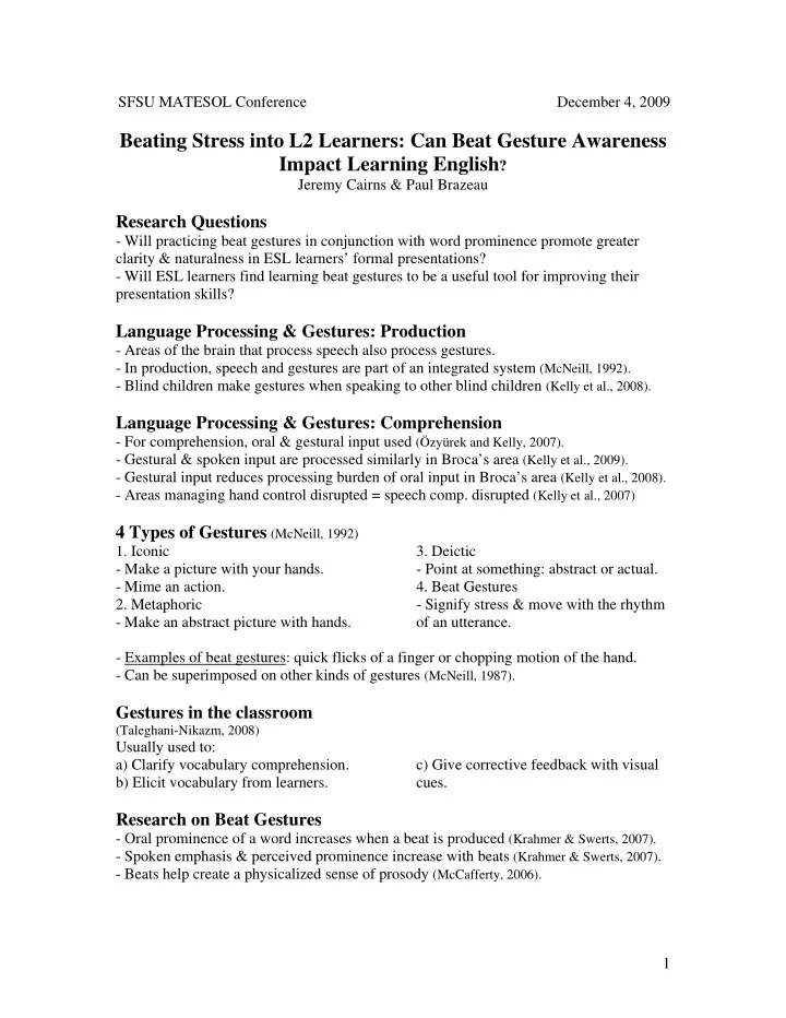 beating stress into l2 learners can beat gesture awareness
