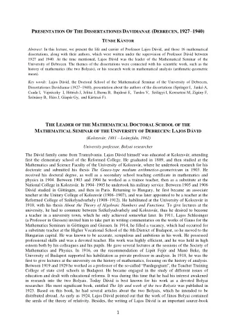 P RESENTATION O F T HE D ISSERTATIONES D AVIDIANAE (D EBRECEN , 1927  1940) T NDE K NTOR