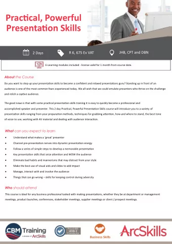 Practjcal, Powerful Presentatjon Skills JHB, CPT and DBN R 6, 675 Ex VAT 2 Days E - Learning