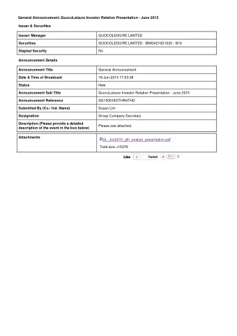 General Announcement::GuocoLeisure Investor Relation Presentation - June 2015  Issuer &amp;