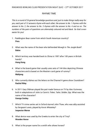 RHYME TIME  This is a round of 24 general knowledge questions and, just to make things really easy