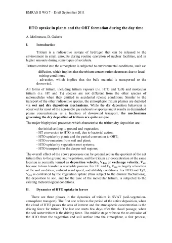HTO uptake in plants and the OBT formation during the day time  A. Melintescu, D. Galeriu I.