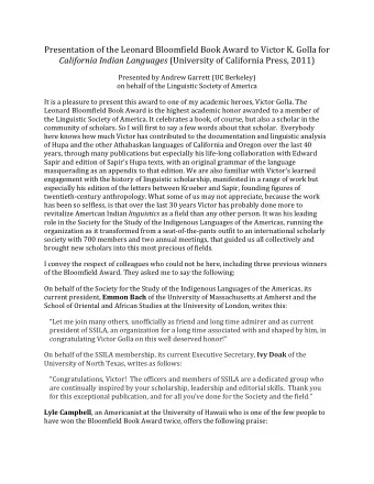 Presentation  of  the  Leonard  Bloomfield  Book  Award  to  Victor