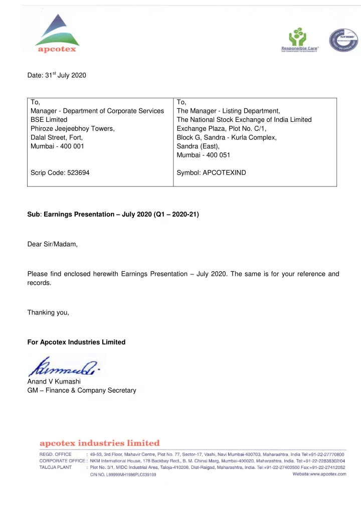 date 31 st july 2020 to to manager department of