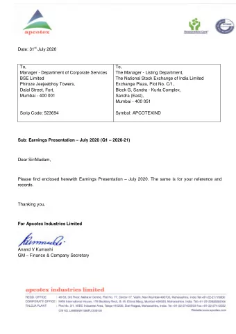 Date: 31 st July 2020  To,  To,  Manager - Department of Corporate Services  The Manager - Listing