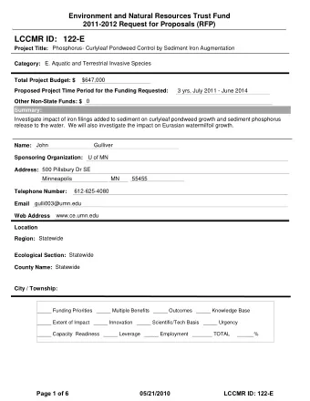LCCMR ID: 122-E  Project Title:  Phosphorus- Curlyleaf Pondweed Control by Sediment Iron