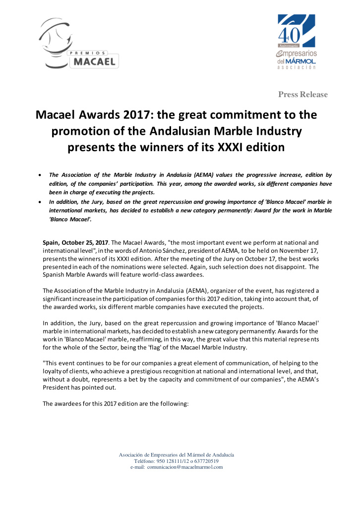 macael awards 2017 the great commitment to the promotion