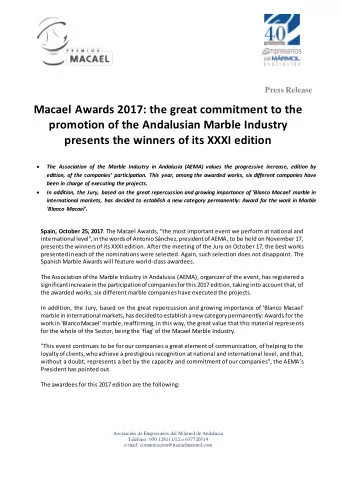 Macael Awards 2017: the great commitment to the  promotion of the Andalusian Marble Industry