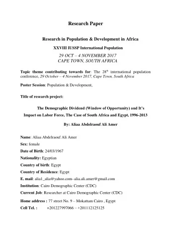 Research Paper Research in Population &amp; Development in Africa XXVIII IUSSP International