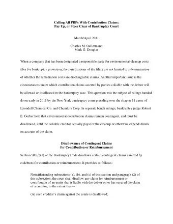 Calling All PRPs With Contribution Claims: Pay Up, or Steer Clear of Bankruptcy Court  March/April