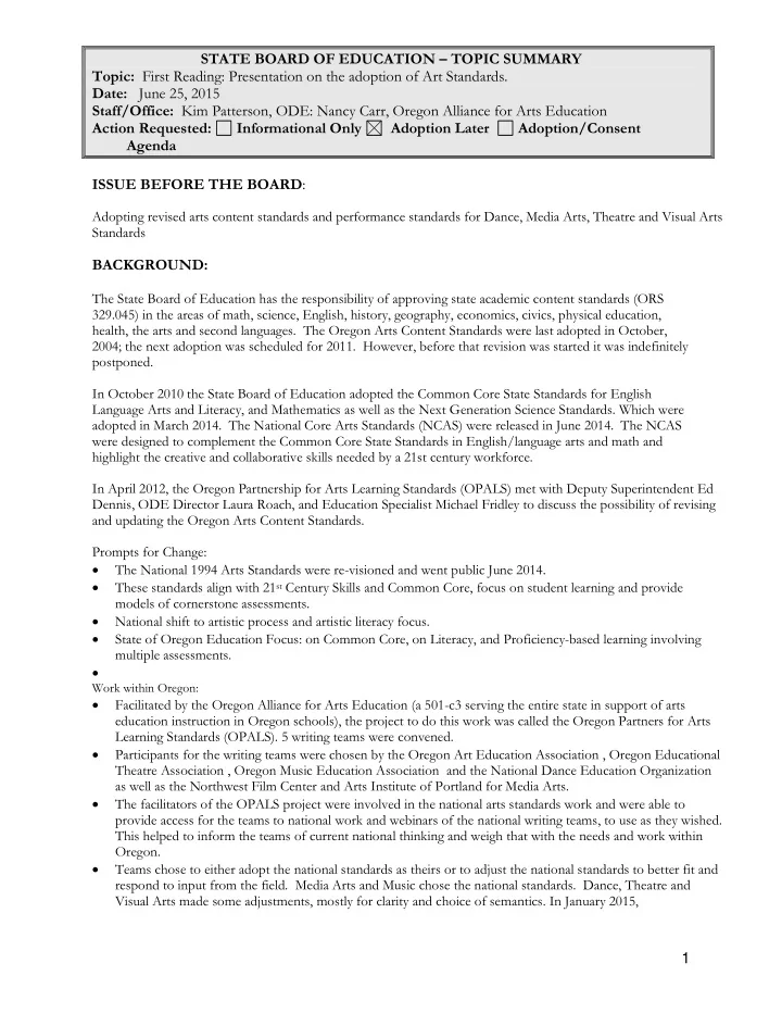 state board of education topic summary topic first