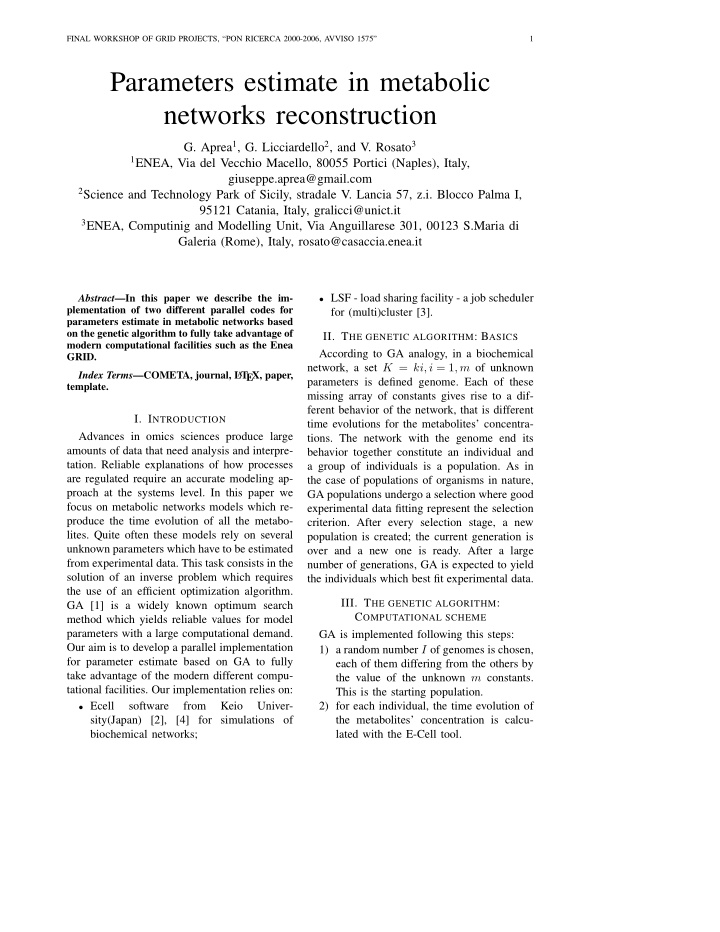 parameters estimate in metabolic networks reconstruction