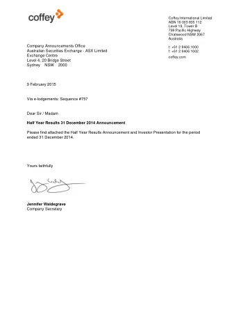 For immediate release  ASX announcement  9 February 2015  Coffey International Limited (ASX: