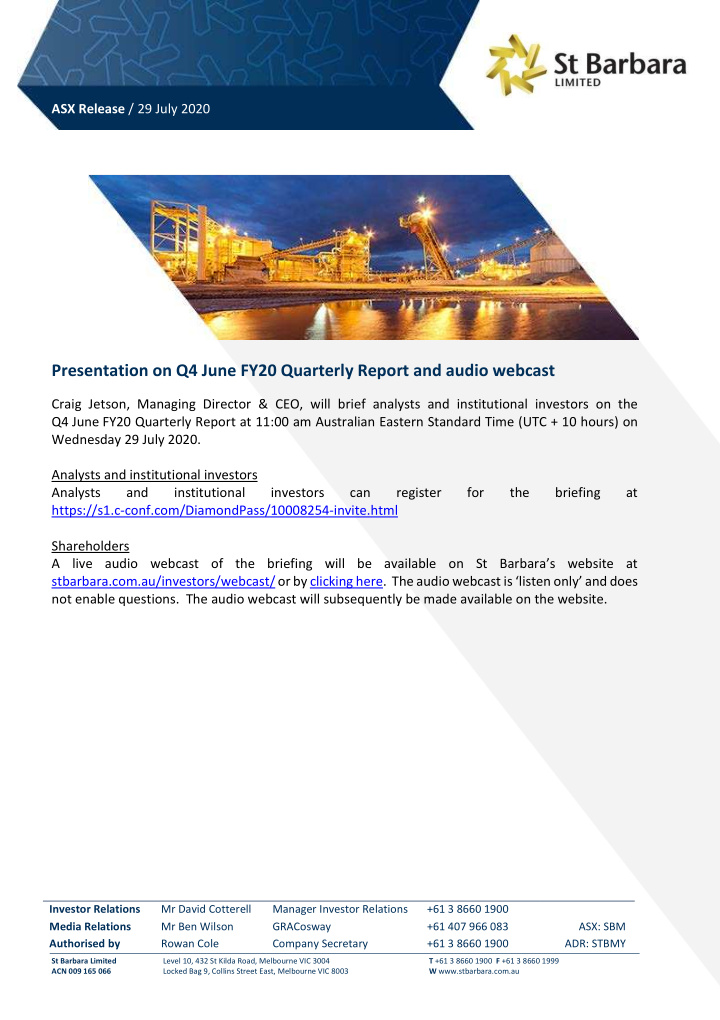 presentation on q4 june fy20 quarterly report and audio