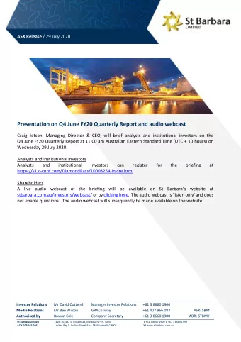 Presentation on Q4 June FY20 Quarterly Report and audio webcast  Craig Jetson, Managing Director