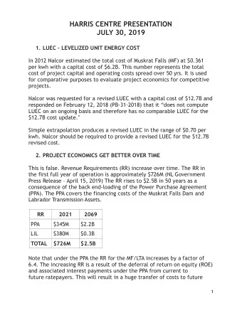 HARRIS CENTRE PRESENTATION  JULY 30, 2019  1. LUEC  LEVELIZED UNIT ENERGY COST  In 2012 Nalcor