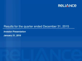 Results for the quarter ended December 31, 2015  Investor Presentation  January 21, 2016