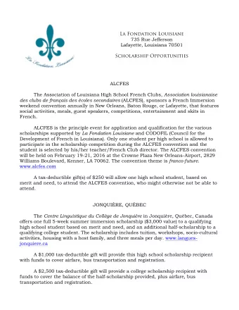 La Fondation Louisiane  735 Rue Jefferson  Lafayette, Louisiana 70501  Scholarship Opportunities