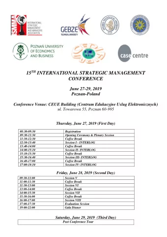 15 TH INTERNATIONAL STRATEGIC MANAGEMENT  CONFERENCE  June 27-29, 2019  Poznan-Poland Conference