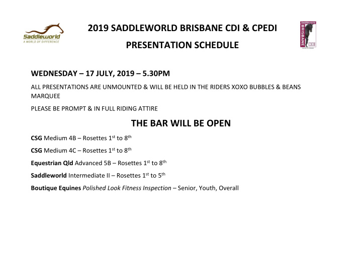 2019 saddleworld brisbane cdi cpedi presentation schedule