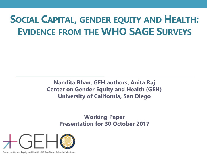 s ocial c apital gender equity and h ealth