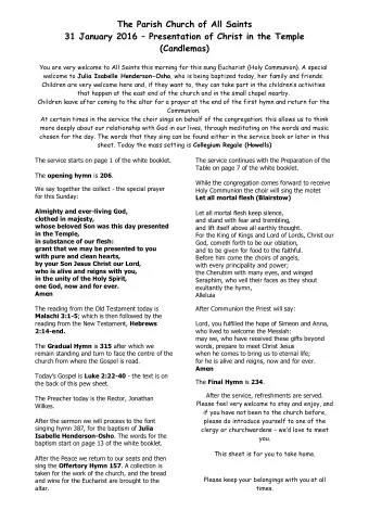 The Parish Church of All Saints 31 January 2016  Presentation of Christ in the Temple