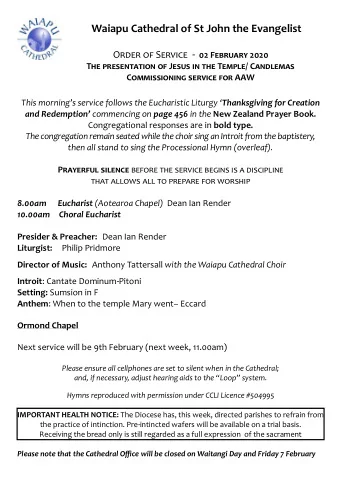 Waiapu Cathedral of St John the Evangelist Order of Service - 02 February 2020 The presentation of